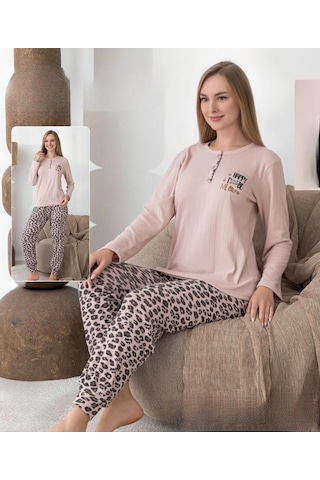 Lindros Kadın Pamuk'lu Düğme Yaka Raporlu İnterlok Kışlık Pijama Takımı 0248 - 1 Adet Bej