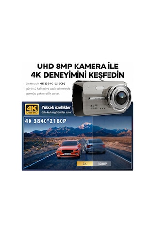 4k Ultra Hd Wifi Araç Kamerası Ön 4k Arka 1080p 7/24 Park Modu G-sensör Park Kiti Hediye