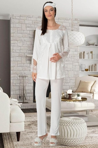 Mecit Pijama Mecit 5355 Bayan Hamile Lohusa Ekru Sabahlık Gecelik Pijama Takım 001