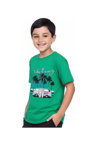 Panios Kids Summer Van Baskılı Erkek Çocuk Yuvarlak Yaka Kısa Kollu T-shirt Yeşil