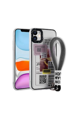 Apple Uyumlu iPhone 11 Kılıf Desenli El Askılı İpli Zore Astana Silikon Kapak Sarı Taksi