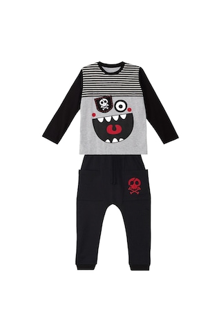Denokids Çizgili Korsan Erkek Çocuk Gri T-shirt Siyah Pantolon Takım Gri - Siyah