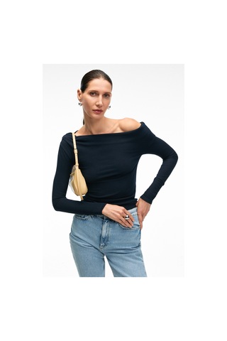 Grımelange OLIVIENN Kadın Omuzu Açık Asimetrik Yakalı Uzun Kollu Slim Fit Lacivert Bluz
