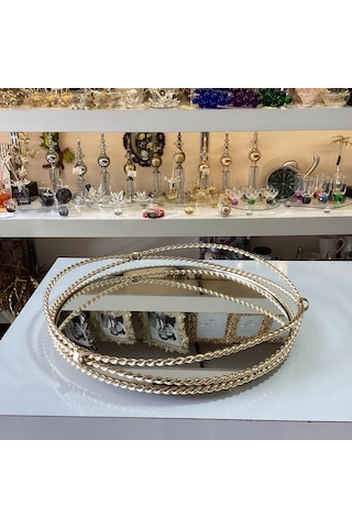 Gold Dekoratif Tasarım Burgulu Aynalı Sunumluk Tepsi Gümüş