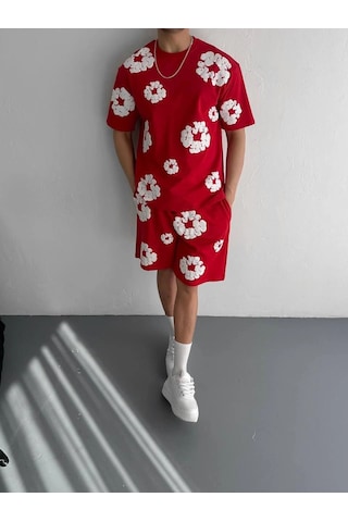 İki İplik Kumaş Baskılı T-shirt Şortlu Takım- Kırmızı Çok Renkli