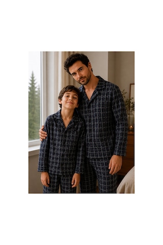 Free Beka Ekose Desenli Baba Oğul Uzun Kollu Gömlek Yaka Düğmeli Erkek Pijama Takımı Gri