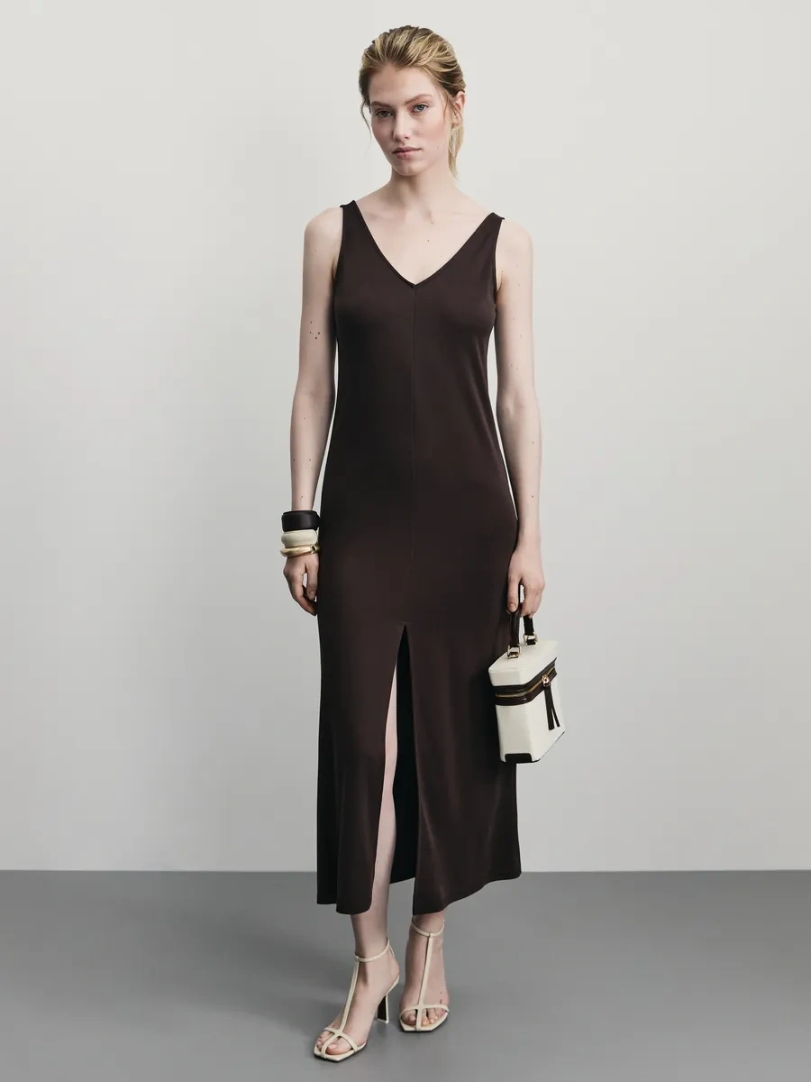 Zarına Yazlık Uzun, Yırtmaçlı Sarafan Elbise 376509342 Koyu Kahverengi