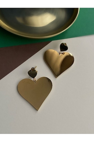 Sallantılı Kalp Çelik Kararmaz Küpe Çifti Altın