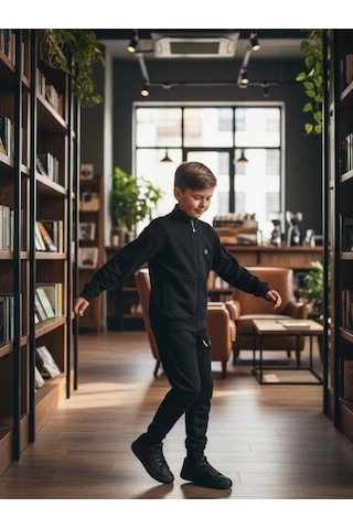 Zekids Erkek Çocuk T-shirt Kapüşonlu Hırkalı Üçlü Eşofman Takım-16355 Siyah