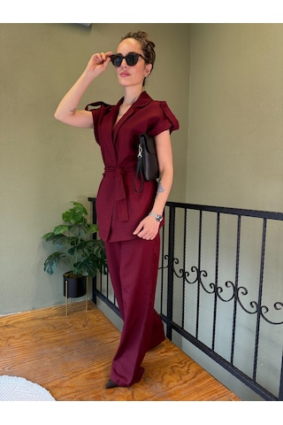Ali Butik Bordo Kuşaklı Keten Yelekli Takım