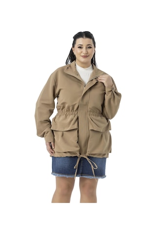 Büyük Beden Çıtçıt Ve Fermuar Kapamalı Beli Büzgülü Astarlı Vizon Trençkot Vizon