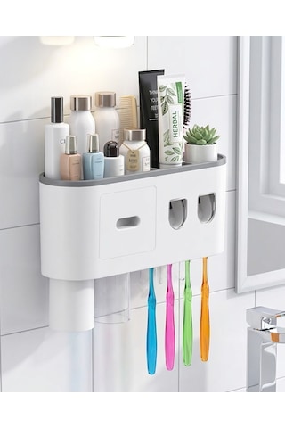 Banyo Organizer Diş Fırçası Tutucu Çift Dispenserli Raflı Çekmeceli Renkli