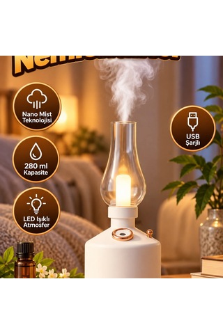 Gaz Lambası Tasarımlı Nano Mist Aromaterapi Nemlendirici 280 Ml, Usb Şarjlı, Led Işıklı