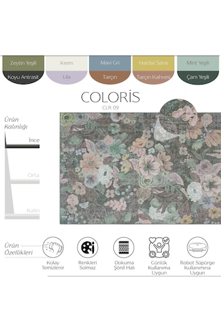 Cool Halı Coloris Pastel Yeşil Çiçekli Halı Vintage Bohem Şönil Dekoratif Salon Oturma Odası Halısı