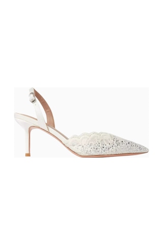 Nicoli Rimini 70 Dantelli Slingback Topuklu, Kristal Taşlı, Sivri Burun, Lüks El Işçiliği Tasarım Beyaz
