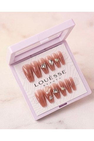 Louésse Caramel Glow Takma Tırnak 12 Li Nude Kahve Simli Taşlı Soft Luxe Nail