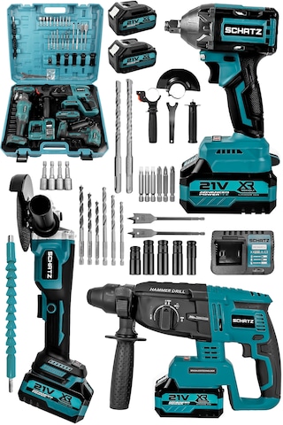 Schatz 21v Kömürsüz Çift Akülü Şarjlı 3'lü Set Spiral Taşlama + Kırıcı Delici Hilti + Somun Sıkma Sökme Makinesi Mavi