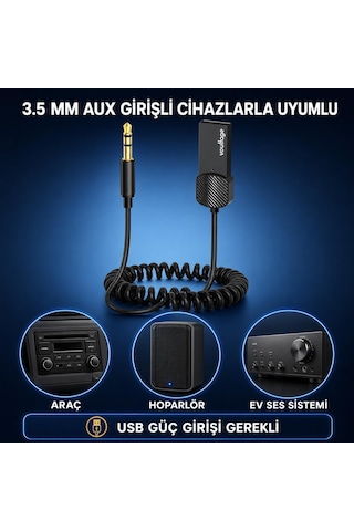 Lexroo Bluetooth 5.4 Araç Aux Adaptörü, 3.5 Mm Jack Araç Ses Kiti