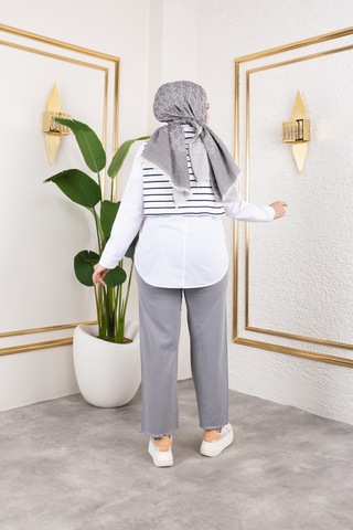 Nevayla Moda Beli Lastikli Keten Pantolon - Gri / A0104 Gri