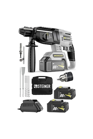 Steiner 88V 5Ah Çift Akülü Darbeli Kırıcı Delici Matkap Gri + Mandren + 5 Parça Uç