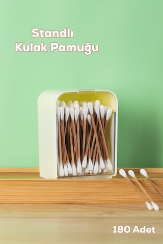 Porsima 3135 Doğal Ahşap Bambu Saplı Standlı Kulak Temizleme Çubuğu Seti- 180 Adet Renkli