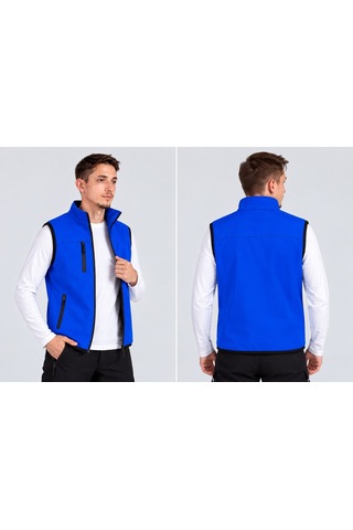 Vatan Tekstil Dik Yaka Slim Fit 3 Cepli Softshell Erkek Yelek Su İtici Kumaş Saks Mavisi