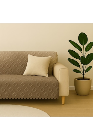 Şönil Jakarlı Kaymaz Koltuk Örtüsü 175x215 Cm Çekyat Uyumlu, Yıkanabilir Vizon