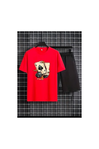 Medinenur Zar Baskılı T-shirt Short Bol Paça Rahat Kalıp Siyah Alt Siyah Üst Short Takım Kırmızı