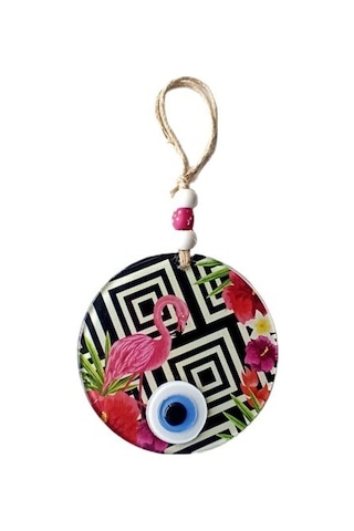 Pembe Flamingolu Çiçekli Nazar Boncuklu 15 Santimetre Çapında Duvar Süsü - 90157466969131000f