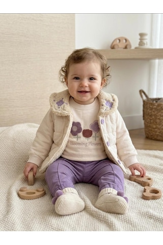 Efemkids 3'lü Kapitone Çiçekli Kız Bebek Takım 6-9 Ay 9-12 Ay 12-18 Ay Yenidoğan Bebek Takım Yelek+uzun Kollu Çıtçıtı Body+pijama Kız Bebek Takım Krem - Beyaz