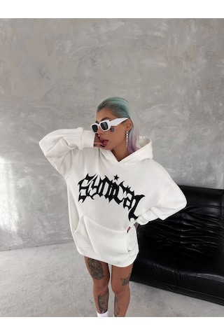 İkales Unisex Üç İplik Kapşonlu Baskılı Sweatshirt - Beyaz