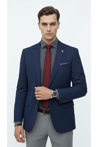 Plus Scorpion Erkek Kendinden Örmeli Çift Düğmeli Blazer Ceket Tek Yırtmaçlı, Modern Klasik Kesim Lacivert