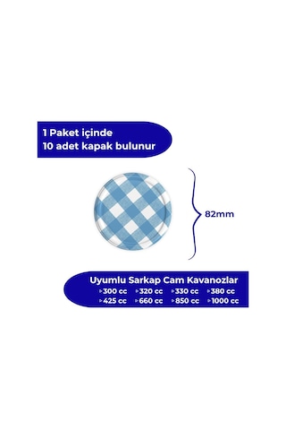 Sarkap Kavanoz Kapağı, 82mm, Hava Geçirmez, Sızdırmaz, Konserve İçin Uygun, 10'lu Paket Mat Ekose Mavi Diğer