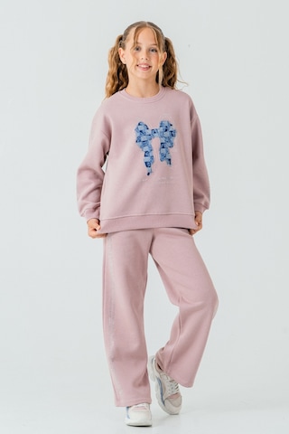 Kız Çocuk Fiyonk Nakışlı Taşlı 3 İplik Kalın Kışlık Eşofman Takımı Ak4222 Pudra