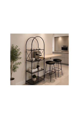 Familieconcept Metal Kitaplık Ve Dekoratif Raf 180x70 Cm Statik Boyalı Temperli Cam Siyah