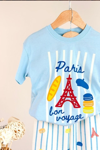 Monila Erkek Çocuk Pamuklu Mavi Paris Baskılı T-shirt Ve Çizgili Pantolon Alt Üst Takım