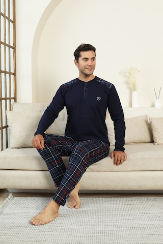 Enisena Erkek %100 İnterlok Pamuk Kumaş Ekose Bloklu Pijama Takımı 12481 Koyu Lacivert