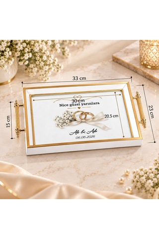 Bk Gift Kişiye Özel Beyaz&gold Söz Nişan Tepsisi-3 - 39x23 Cm Çok Renkli