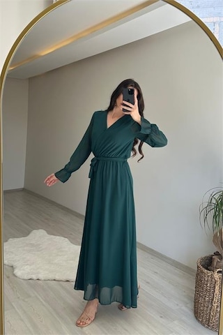 Neşeli Butik Kadın Uzun Kollu Kuşaklı Maxi Şifon Elbise Nm001 Yeşil