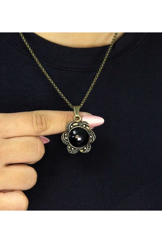 Doğal Taş Oniks Doğal Taşlı Desenli Otantik Kadın Kolye 45 Cm Zincirli Euk18o Siyah