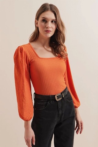 Defymoda 0442 Uzun Kollu Bluz - Turuncu Turuncu