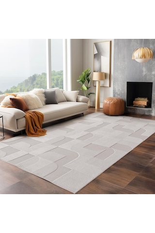 Modern Krem Renkli Geometrik Desenli Bohem Salon Mutfak Mekan Teras Balkon Oda Ve Çocuk Halısı Oymalı Halı Krem - Krem