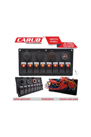 Carub Anahtar Switch Paneli 8 Lı Voltmetre + Usb + Çakmak Kırmızı Işıklı 23,5x12 Cm Br4630155