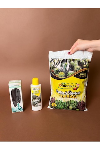 Kaktüs Ve Sukulent Bakım Seti 3'lü, Tropikal Kaktüs Ve Sukulent Toprağı 2,5 Litre, Tropikal Kaktüs Besini Sıvı Gübre 225 Ml, 4 Parça Kaktüs Dikim Alet
