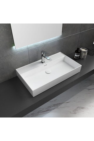 Dura Niva Kare Çanak Lavabo 80x46,5 Cm Tezgah Üstü Batarya Delikli Beyaz 5254