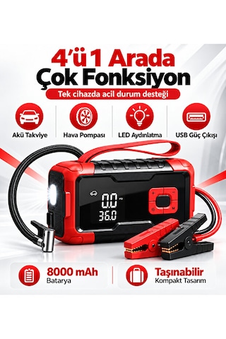 Taşınabilir Akü Takviye Cihazı Ve Dijital Hava Kompresör 1000a 8000 Mah 150 Psı Dijital Ekranlı Led Işıklı Lastik Şişirme