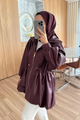 Beli Büzgülü Deri Ceket - Bordo Bordo