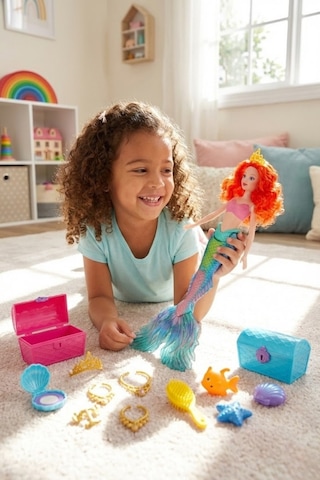 Sasha Deniz Kızı Oyuncak Bebek - Aksesuarlı, Taraklı, Hazine Sandıklı Büyük Set 40 Cm L