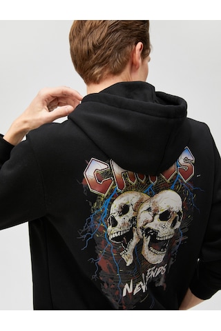 Koton Kapşonlu Sweatshirt Kuru Kafa Baskılı Uzun Kollu Siyah 3sam70129mk Siyah