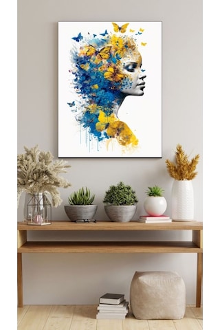 Sarı Kelebek Kadın Kanvas Tablo Ev Salon Mutfak Gol Oda Hediyelik Duvar Dekarasyon Süsü Ölçü Seçiniz